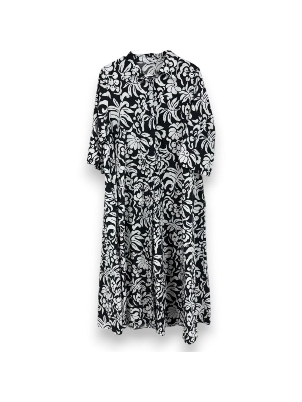 CIVICO 51 Women L Floral Shirt Dress Midi Black White Tropical Half Sleeve Light